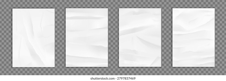 Paper texture mockup with realistic wrinkle effect - old white sheet background. Vintage crumpled page with fold creases and rough edges for poster or notebook template design display.