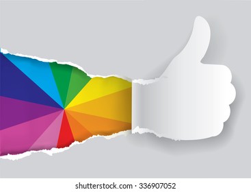 Paper thumbs up with color swatch.
Paper silhouette of Thumbs up ripping paper with d color swatch. Concept for presenting of color printing.Vector available.
