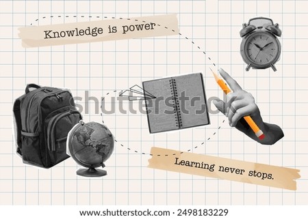 paper in a tick paper scraps, an alarm clock, a rucksack and a globe. Education retro halftone collage. 