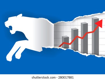 Paper tiger with chart.
Paper silhouette of  tiger ripping blue paper background with chart symbolizing rapid business growth . Vector illustration.
