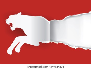 Paper Tiger ripping paper. Paper silhouette of  tiger ripping red paper background with place for your text or image. Vector illustration. 