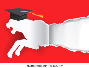 Paper tiger silhouette with mortarboard. Paper tiger silhouette with mortarboard ripping red paper background symbolizing graduate of ambitious and  competitive student. Vector Illustration. 