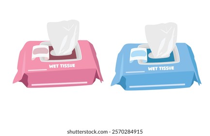 Paper tissue box vector illustration in cartoon style. Paper napkins or tissue folded in a box. Antibacterial wet wipes disposable sachet, hygiene cosmetics and personal care objects. Baby element.