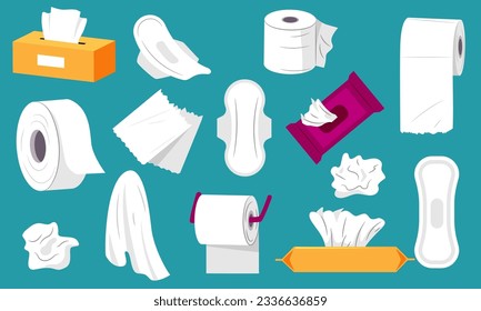 Paper tissue collection. Paper roll with tissues wet and dry, clean napkins box, everyday hygiene products cartoon flat style. Vector isolated set of paper tissue and roll toilet illustration