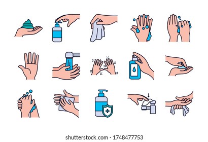 conjunto de iconos de papel y lavado de manos sobre fondo blanco, estilo de línea y relleno, ilustración vectorial