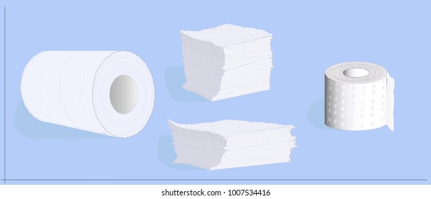 Paper tissue rolls and stacked paper napkins. Hygienic disposables - white kitchen towels, napkins and toilet paper. Set of rolls and stacks.