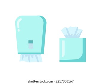 Paper tissues box with clean disposable towels for drying hands and face. Personal hygiene and care, public toilets equipment. Vector in flat style illustration