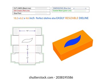 Paper tissues and facial tissue 10.2x6.2x4.6 inch box dieline template and packaging 3D vector design