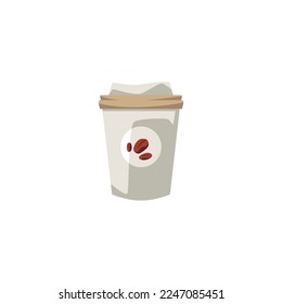 Paper to-go mug for coffee drink, flat vector illustration isolated on white background. Takeaway cup with plastic lid and coffee beans logo. Hot and tasty drink.