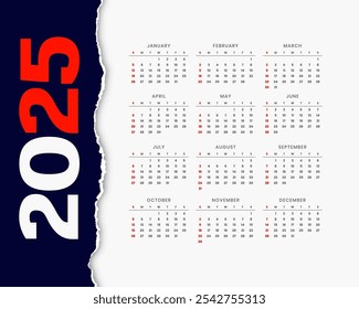 paper torn 2025 desk calendar printable template design vector