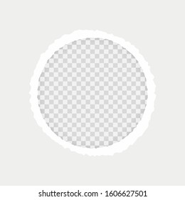 Paper with torn a circle. Vector realistic illustration of white torn paper with shadow and circular shaped hole on transparent background with frame for text