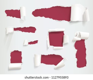 Paper torn holes vector illustration of realistic ragged or ripped white page sides or banners with curls texture and shadows on red background