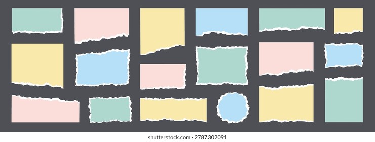 Paper torn note texture set. Hand drawn paper torn note with edge tear rip frame old sheet. Pink blue green yellow scrapbook memo vintage picture border realistic background. Vector illustration