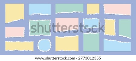 Paper torn note texture set. Hand drawn paper torn note with edge tear rip frame old sheet. Pink blue green yellow scrapbook memo vintage picture border realistic background. Vector illustration