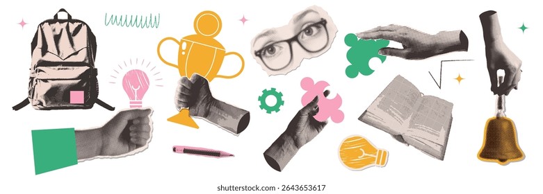 Paper torn out elements for mixed media halftone collage. Concept of learning, university, college or back to school. Hands holding winner s cup, lightbulb, puzzle, bell, backpack and more. Vector