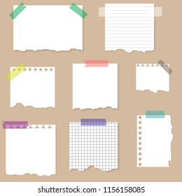 Paper torn page notes. Papers of different size glued to wall with tape. Vector