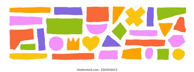 Paper torn rip edge strip pieces. Colored rip paper banners, rectangular grunge cardboard shreds. Vector crown, circle, square, triangle and various geometric shapes. Scrapbook edges, notebook tears.