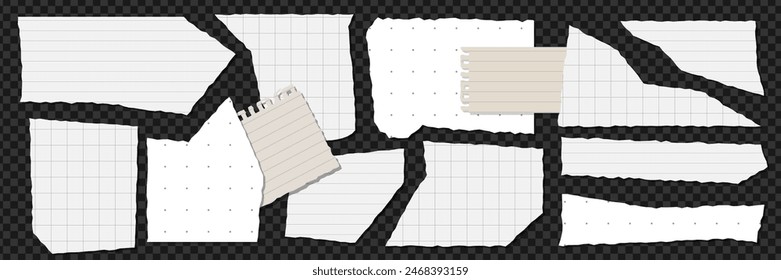 Paper torn rip edge strip pieces set. Blank rip paper abstract grunge cardboard shreds. Vector various shapes sheets. Scrapbook edges, notebook tears.