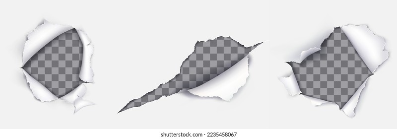 Marcos de estropaje rotos con papel, agujeros desiguales con bordes rizados, sábanas dañadas con ragú blanco. Bordes de textura de apertura en la página de nota aislados en fondo transparente, ilustración vectorial 3d realista, imagen de clip