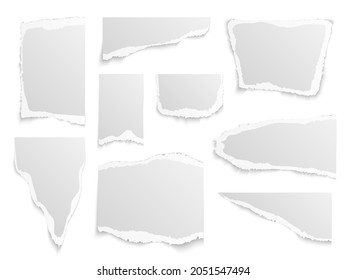Paper torn. Shapes of papers scraps different forms and sizes, textured memo sheets. Grainy crumpled ripped edge strips, blank empty notebook page. Notes fragments vector realistic isolated set