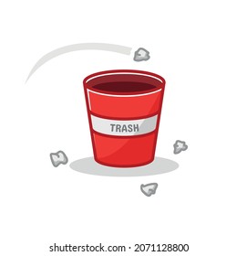 Paper Toss Illustration, Throwing Paper Balls Into The Trashcan, Office Paper With Red Bucket Trashcan Illustration Isolated On White Background.