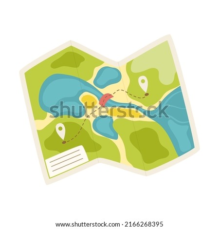 Paper tourist map of the area. A tool for navigation, orientation on the terrain. Equipment for tourism, travel, hiking, sports. Flat vector illustration isolated on a white background.