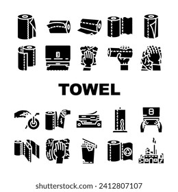 paper towel kitchen roll tissue icons set vector. clean toilet, wipe, napkin, bathroom wet, table, cleaning dry, hands cleanliness paper towel kitchen roll tissue glyph pictogram Illustrations