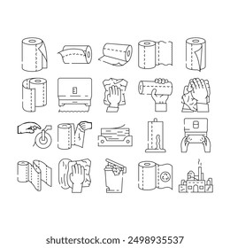 Papierhandtuch Küchenrolle Taschentuch Icons Set Vektor. saubere Toilette, wischen, Serviette, Bad nass, Tisch, Reinigung trocken, Hände Sauberkeit Papierhandtuch Küchenrolle Gewebe schwarze Kontur Illustrationen