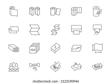 Paper towel line icons. Vector outline illustration with icon - roller package, dispenser, multifold, plastic free, adsorbing water, multifold. Pictogram for kitchen disposable wipe. Editable Stroke