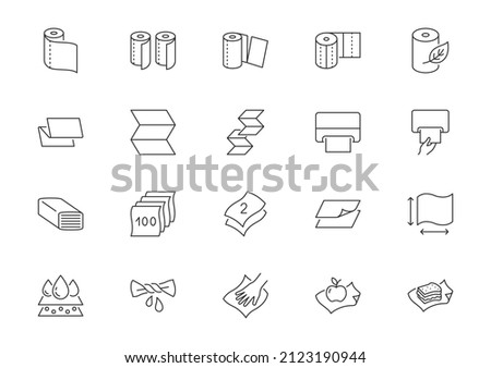 Paper towel line icons. Vector outline illustration with icon - roller package, dispenser, multifold, plastic free, adsorbing water, multifold. Pictogram for kitchen disposable wipe. Editable Stroke