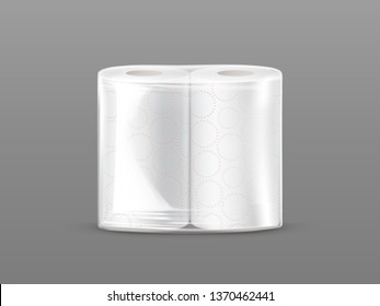 Paper towel package mockup with transparent wrapping isolated on grey background. Two-pack white kitchen wipers with soft layers. Element for advertising promo poster. Realistic 3d vector illustration