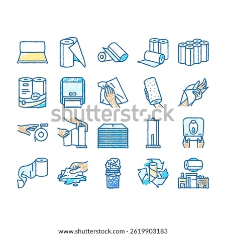 paper towel roll kitchen doodle icons set vector. tissue toilet, hygiene napkin, white clean, hand wipe, wet stroke, bathroom dispenser paper towel roll kitchen sketch hand drawn
