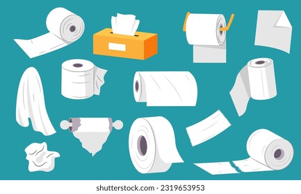 Paper towel set. White paper napkin roll for bathroom, toilet paper sheet style, hygiene tissue and clean napkin roll holder. Vector isolated collection of bathroom towel and paper roll illustration