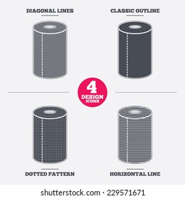 Paper towel sign icon. Kitchen roll symbol. Diagonal and horizontal lines, classic outline, dotted texture. Pattern design icons.  Vector