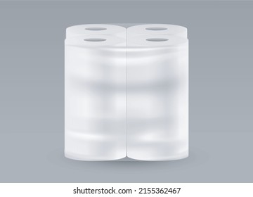 Paper towels package isolated on gray background. Vector realistic Mockup. Four White napkin rolls in polythylene transparent wrapping. Blank template.  EPS10.