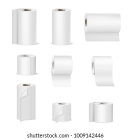 Paper towels and tissue toilet rolls realistic images collection in vertical and horizontal position isolated vector illustration 