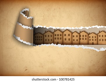  Paper town in hole of old paper.Vector eps 10