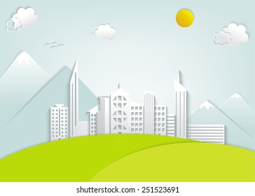 Paper town on a hill on background of mountains. Vector illustration
