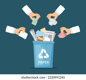 Paper Trash Bin With Hands Holding Trash. Cartoon Style Vector Illustration