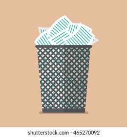 Paper in the trash can. Flat style vector illustration