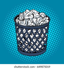 Paper in trash can pop art style vector illustration. Comic book style imitation.