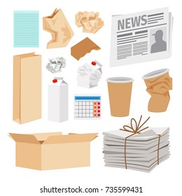 Paper trash icons collection. Vector icons of carton boxes, paper cups, stack of newspapers, milk packages