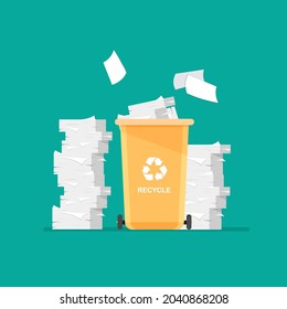 Paper trash in special urn. Recycle icon. Big stacks of papers. Bin for recycling with sorted garbage or rubbish.