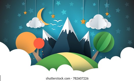 Paper travel illustration sun, cloud, hill, mountain bird Vector eps 10