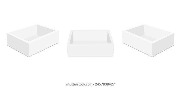 Paper Tray Boxes, Empty Mockup, Front, Side View, Isolated On White Background. Vector Illustration