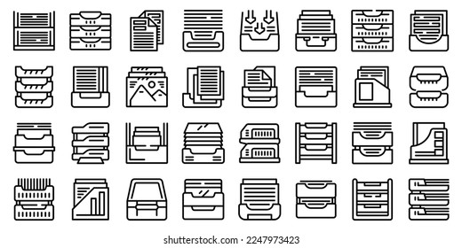 Paper tray icons set outline vector. Office rack. Storage equipment