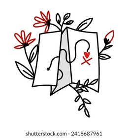 Paper treasure map with a heart covered in flowers. Doodle illustration of the search for love on Valentine's Day. A cute flat vector illustration isolated on a white background. Love is a treasure