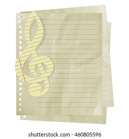 Paper treble clef on sheet in line. Isolated object on a white background, It can be used with any text and image