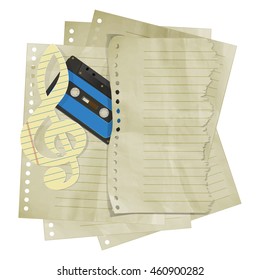 Paper treble clef on sheet in line and audio cassette. Isolated object on a white background, It can be used with any text and image.