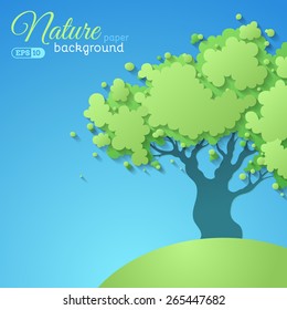 Paper tree background. Green vector tree on blue paper background. There is place for text.
